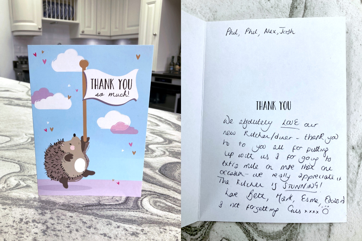 Photograph of a 'thank you' card.